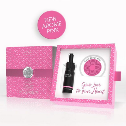 Geschenkbox Love Yourself mit rosa Biophotonenscheibe und Aromaöl für das Herzchakra